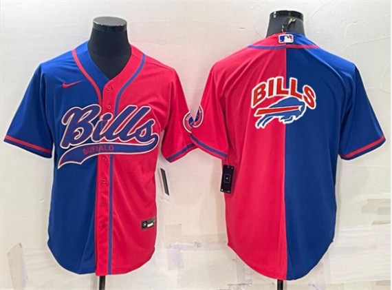 Men's Buffalo Bills Blank Royal/Red Split Team Big Logo With Patch Cool Base Stitched Baseball Jersey